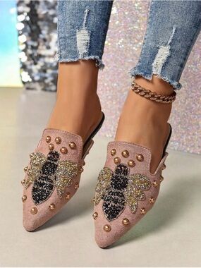 NEVER WORN Embellished Pink Bee Mules - Women's Slip-On Mules Size 8